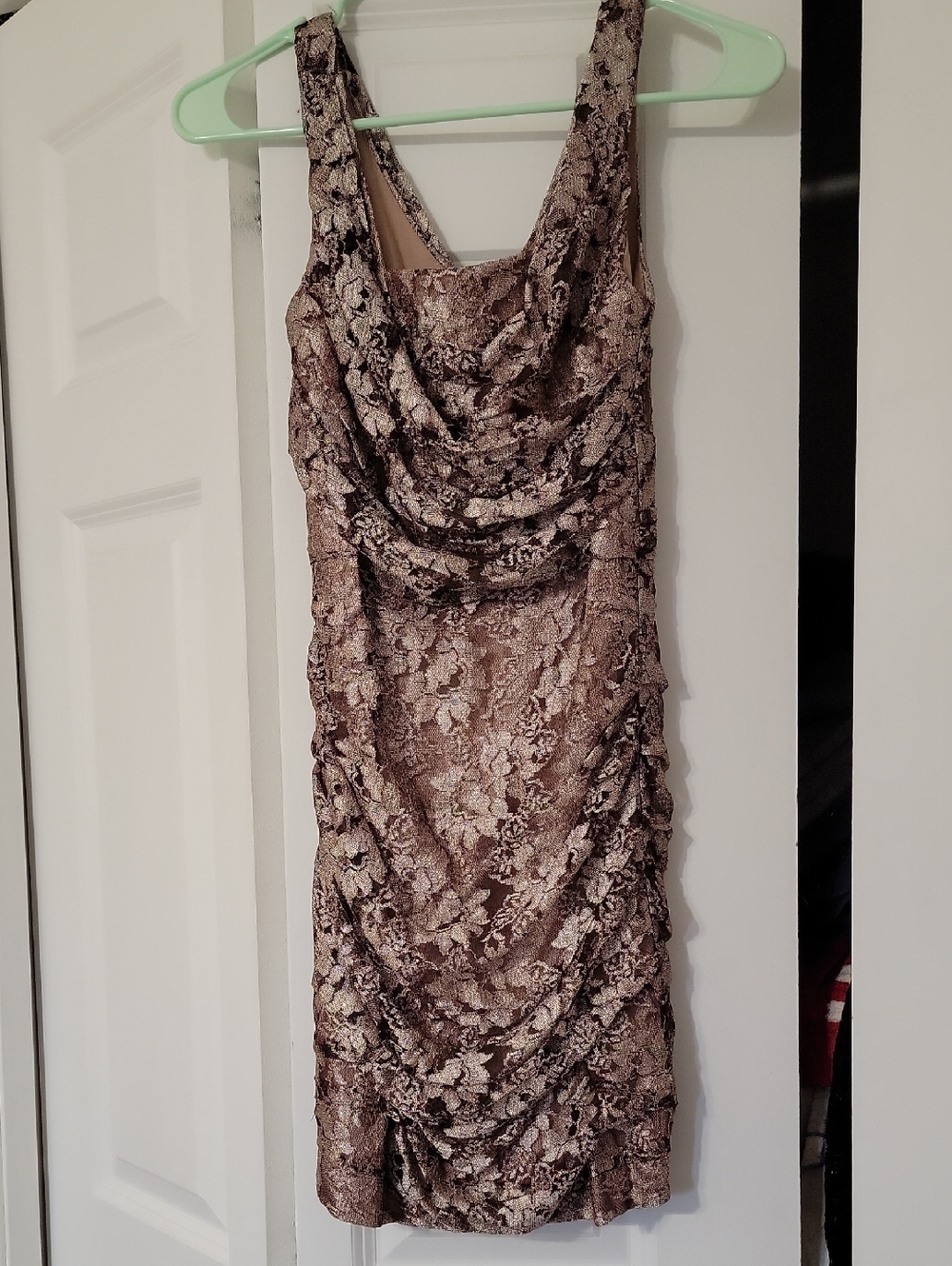 Express Lace Cowl Neck Midi Dress in Champagne and Brown